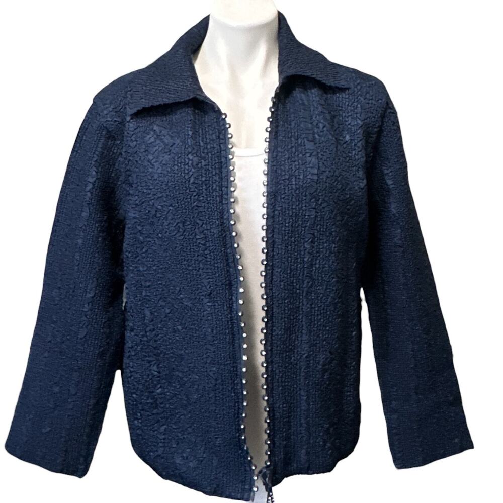 Magic Scarf Company MagicWoman Crinkle Jacket Rhinestone Zip Women XL 2X Navy